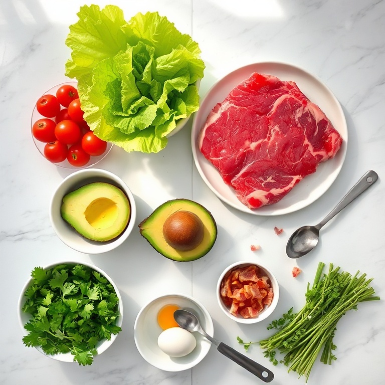 Flat lay of raw steak, romaine, cherry tomatoes, avocado, eggs, bacon, and fresh herbs for vinaigrette with bowls and spoons on marble.