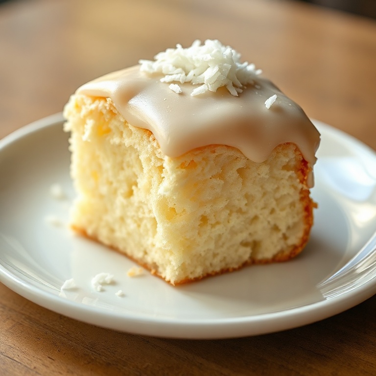 A perfect slice of coconut cake with a glossy glaze. Garnished with shredded coconut. Served on a white ceramic plate. Warm side lighting showing texture. Photorealistic food photography.