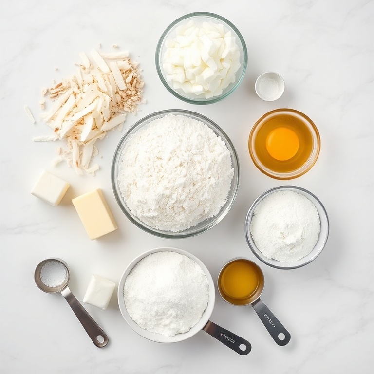 All raw ingredients for coconut cake arranged in an overhead flat lay. Coconut, flour, sugar, butter, and eggs visible. Measuring spoons and bowls on a white marble surface. Bright even light. Photorealistic food photography.