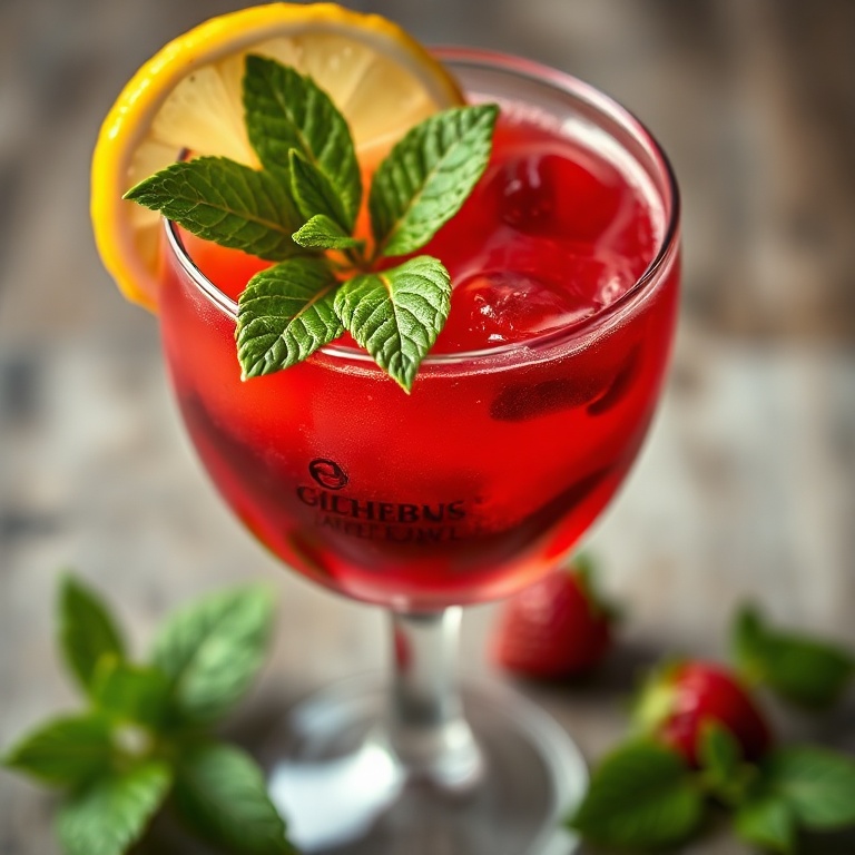 A beautifully garnished berry cocktail in a glass with a mint leaf and slice of lemon