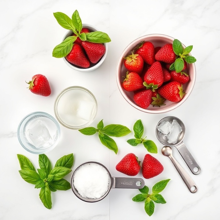 All ingredients for a berry cocktail including strawberries, basil, sugar, ice, and a glass