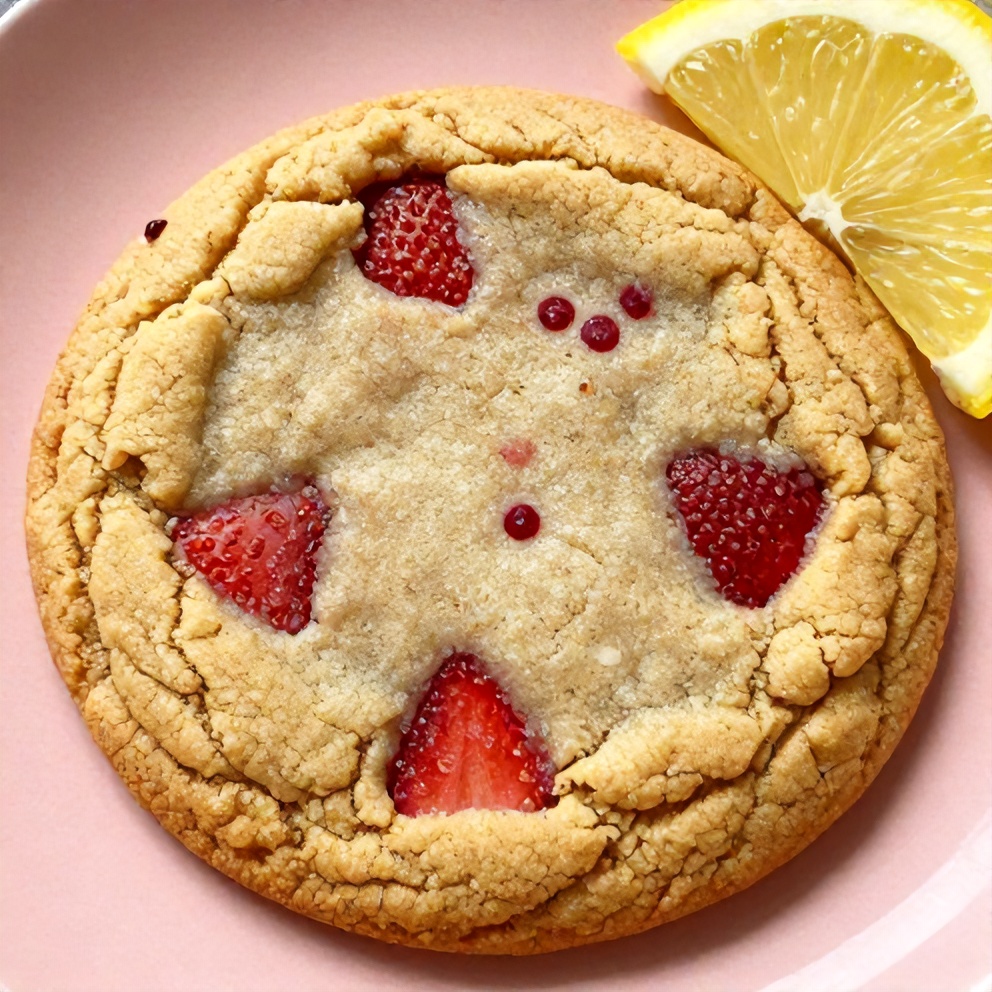 Strawberry lemonade cookie on a pink plate with a lemon slice