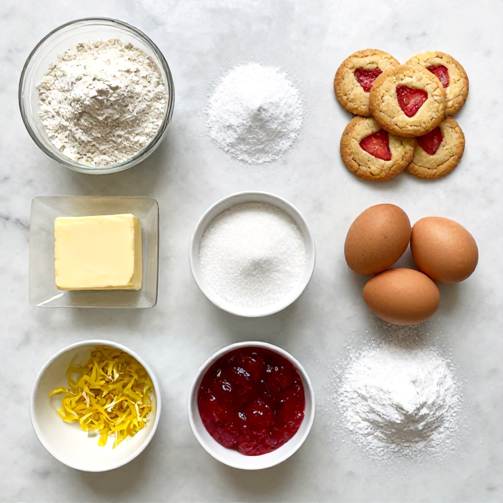 Strawberry lemonade cookies ingredients on a marble counter