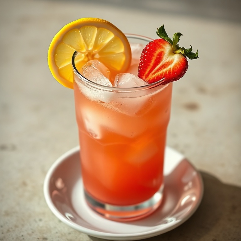 A glass of easy strawberry lemonade punch on a white plate, filled with ice and garnished with a fresh strawberry and lemon wheel. Warm light brings out the vibrant color.