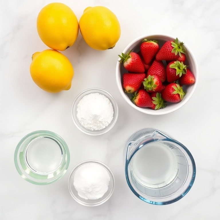 Overhead view of all raw ingredients for strawberry lemonade punch: whole lemons, fresh strawberries, granulated sugar, lemon-lime soda, and water. Prep bowls, measuring cups, and spoons arranged on white marble, bright light.
