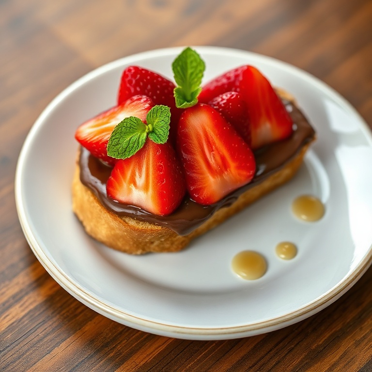 One serving of finished strawberry Nutella bruschetta on a small white plate, garnished with fresh mint and a drizzle of honey, close up with textures visible in warm side lighting.