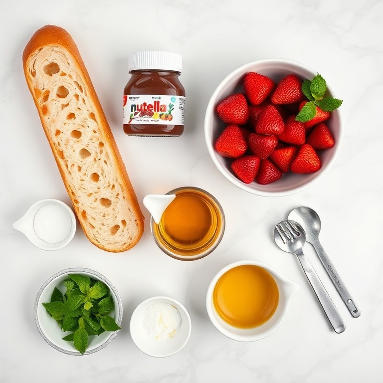 All raw ingredients for strawberry Nutella bruschetta arranged overhead: strawberries, Nutella, baguette, honey, and mint, with prep bowls and measuring spoons on a white marble surface.