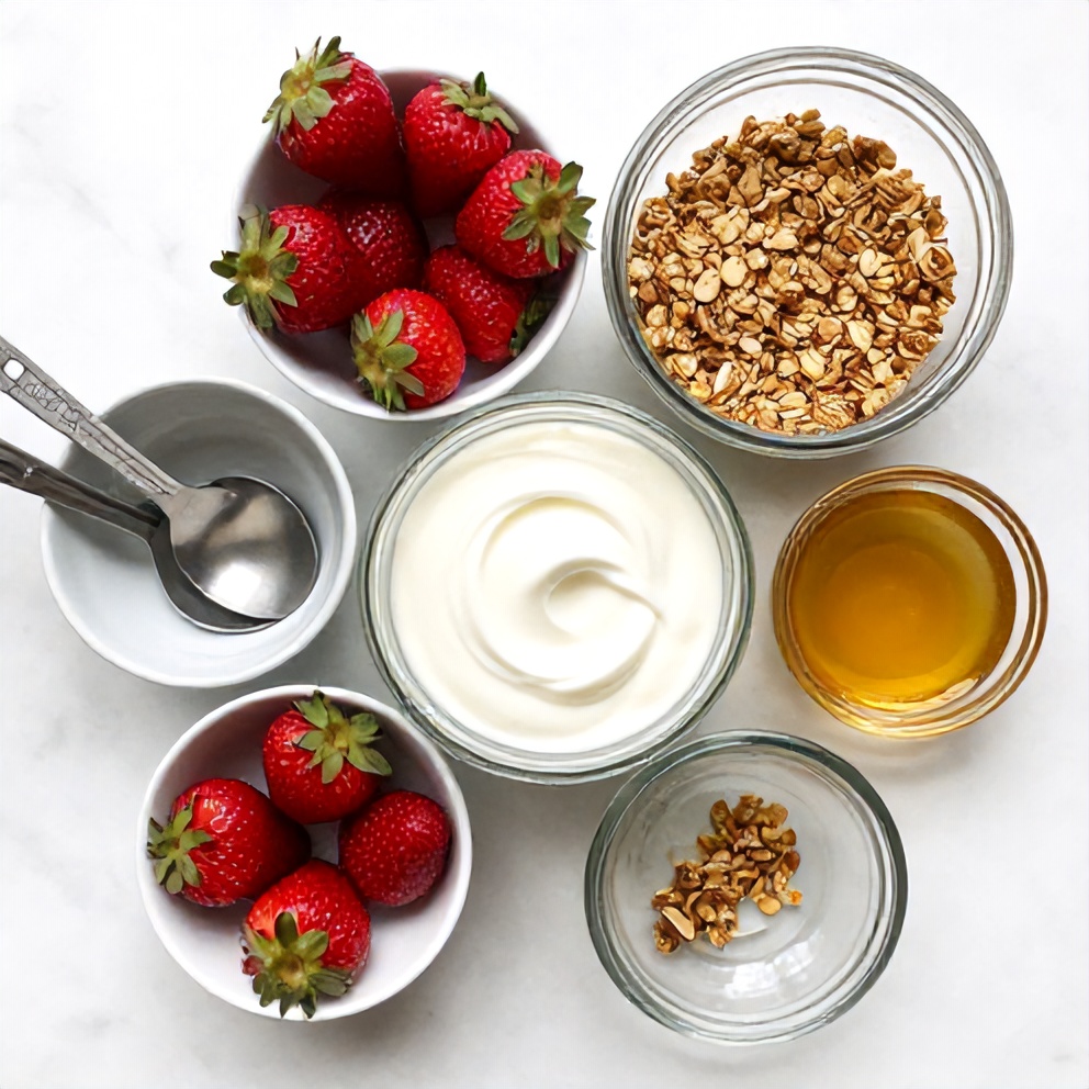 Fresh strawberries, plain yogurt, granola, honey, and a glass jar