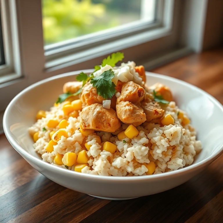 One complete serving of easy street corn chicken rice bowl in a wide white bowl, topped with cotija cheese and chopped cilantro, close crop with warm lighting.
