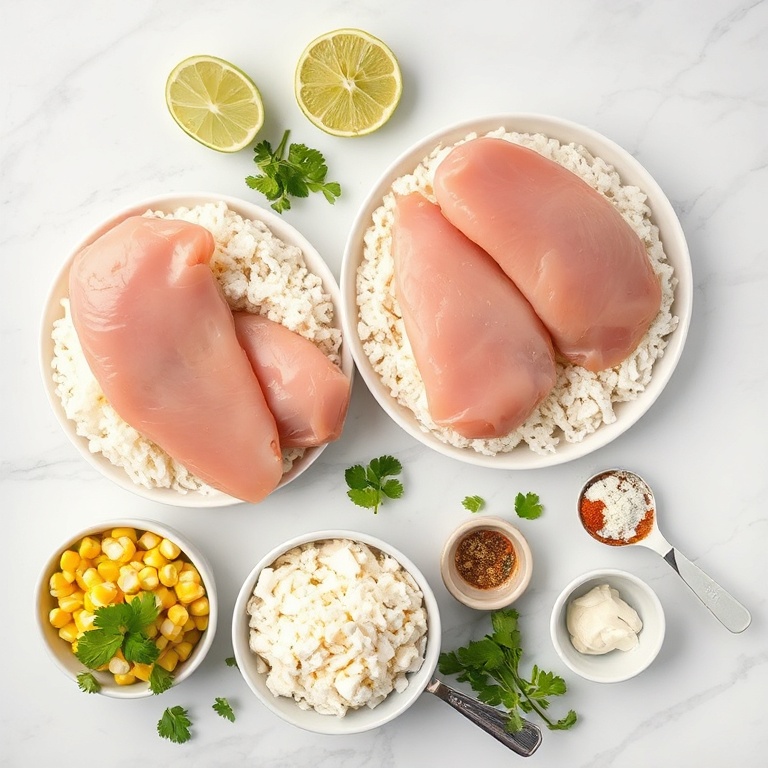 Overhead flat lay of raw chicken breast, cooked rice, corn kernels, lime wedges, cotija cheese, and fresh cilantro plus small prep bowls on white marble.