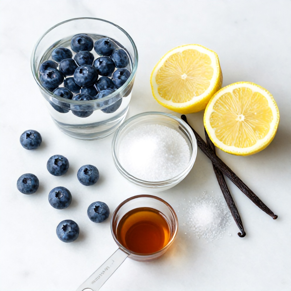 Raw ingredients for sugar-free blueberry syrup laid out on a wooden surface