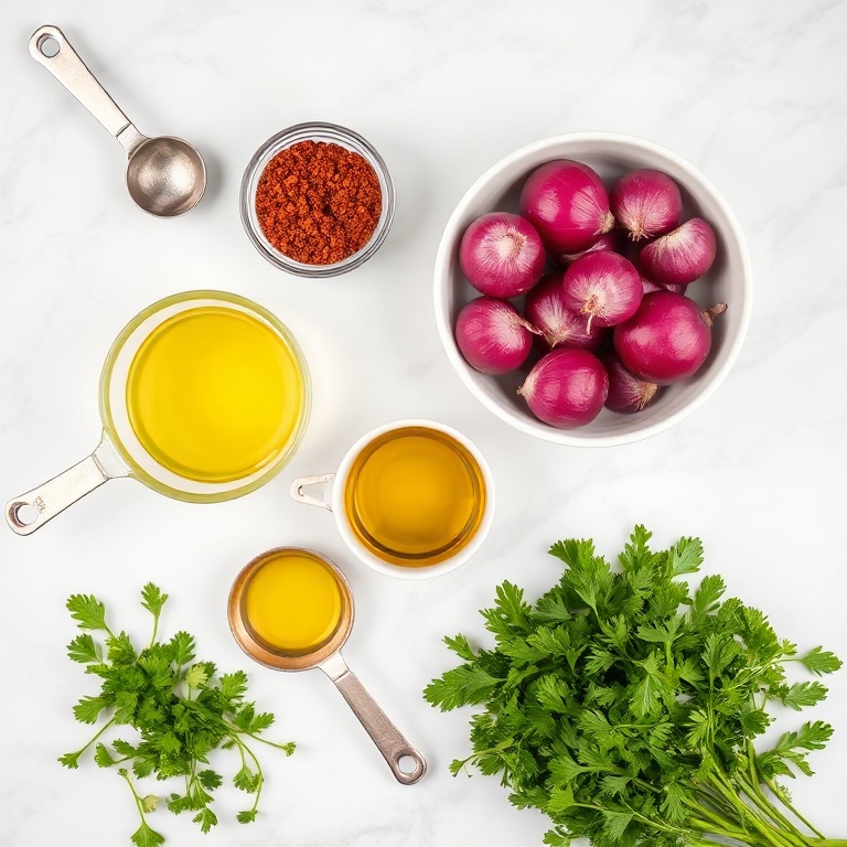 Raw red onions, sumac, lemon juice, olive oil, and parsley arranged in an overhead flat lay on a white marble surface with measuring spoons and cups
