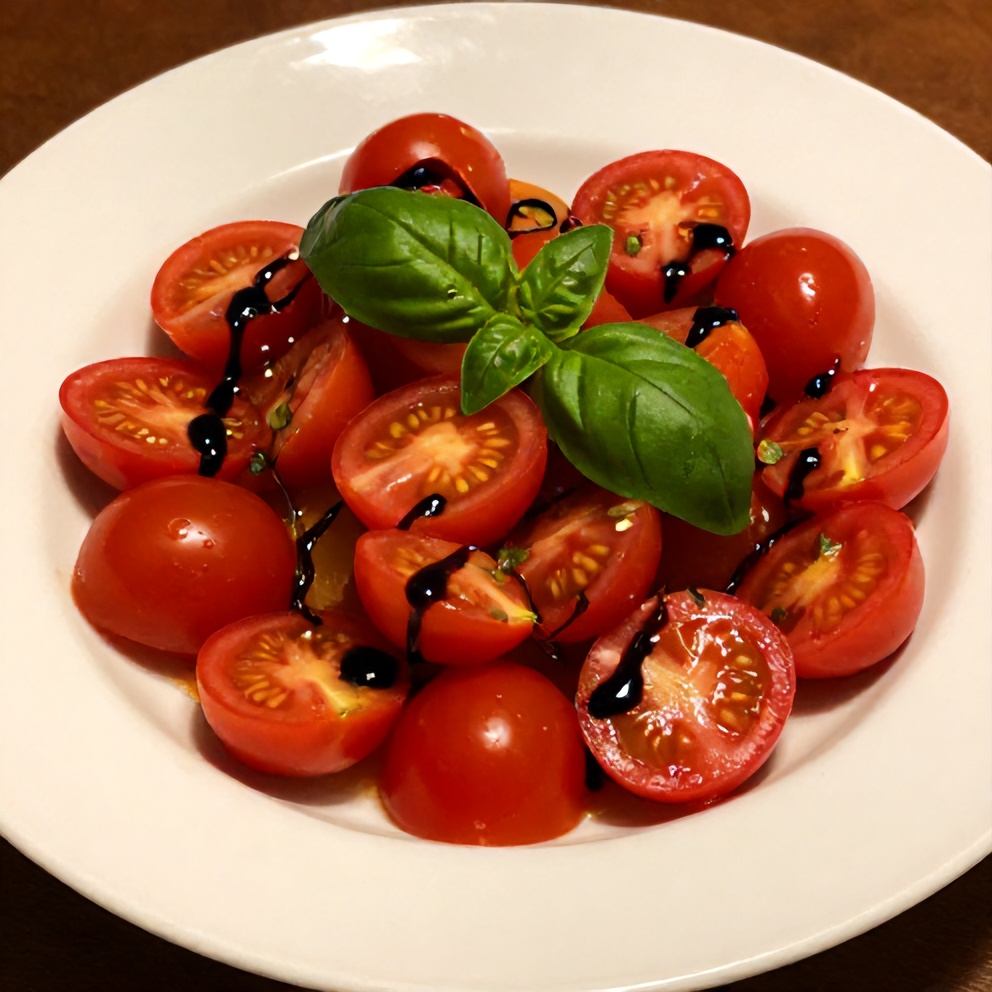 Plated serving of easy summer cherry tomato salad