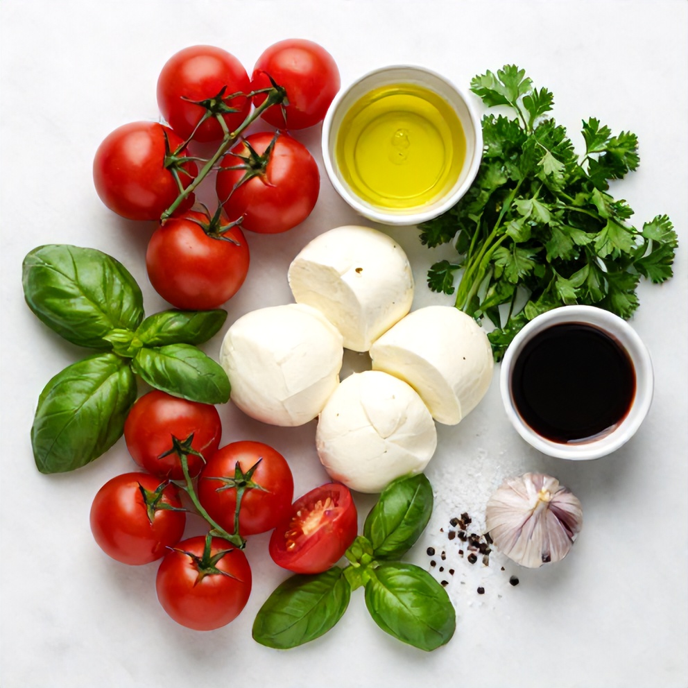 Raw ingredients for easy summer cherry tomato salad