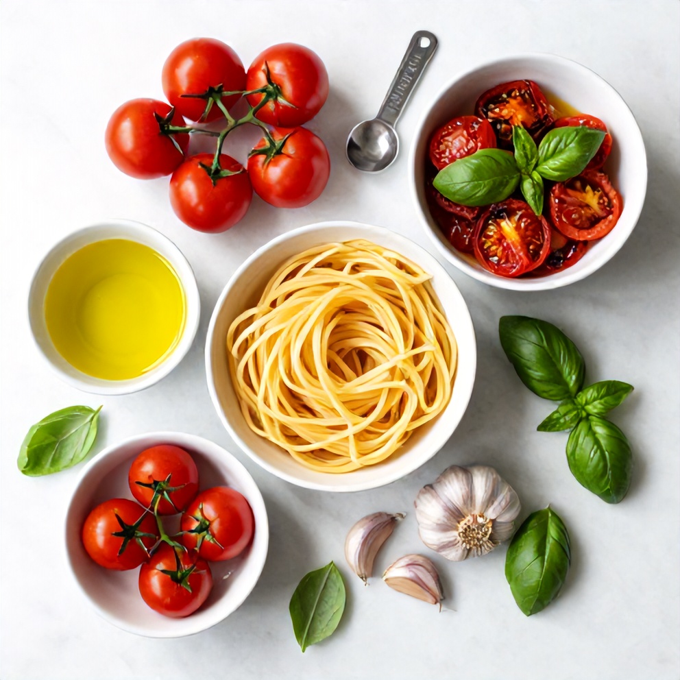 Ingredients for Easy Summer Pasta with Roasted Cherry Tomatoes and Basil