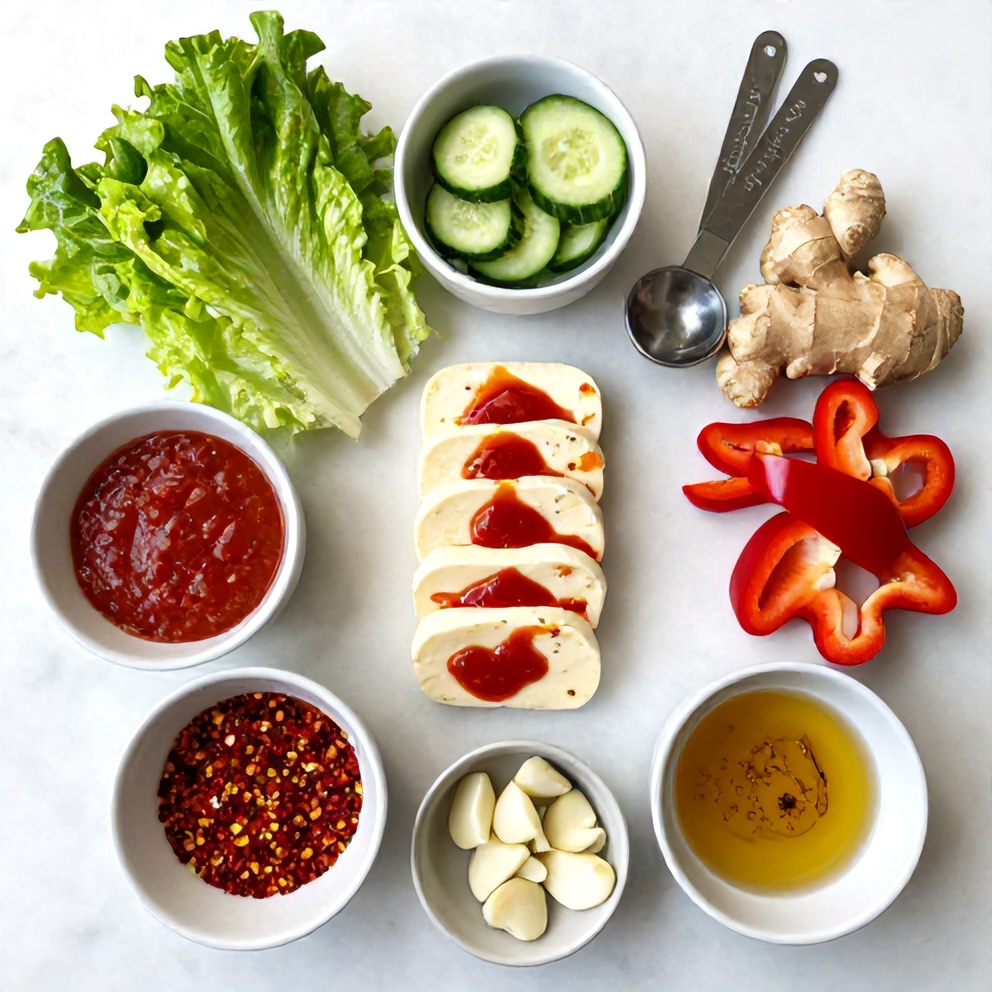Raw ingredients for Sweet Chili Halloumi Wraps on a marble surface