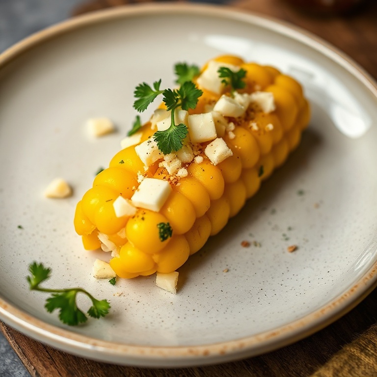Perfectly plated sweet corn cachapas with cheddar and fresh herbs. Close crop highlights texture and garnish.