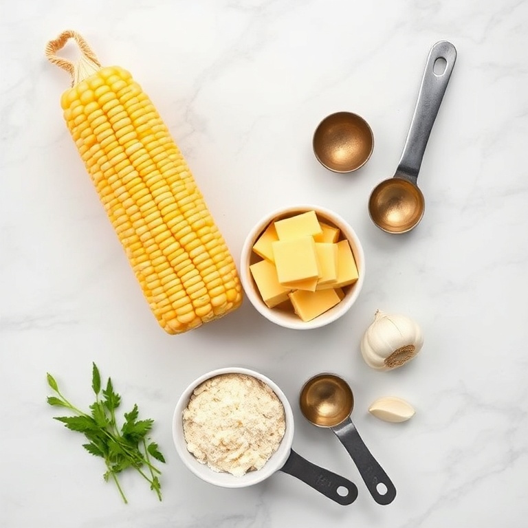Fresh sweet corn, masa harina, butter, cheese, and garlic arranged in an overhead flat lay. Measuring spoons and bowls visible.