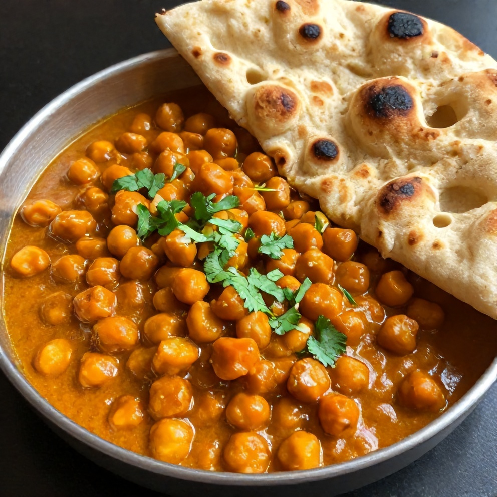 Plated Sweet Potato Chickpea Curry with naan