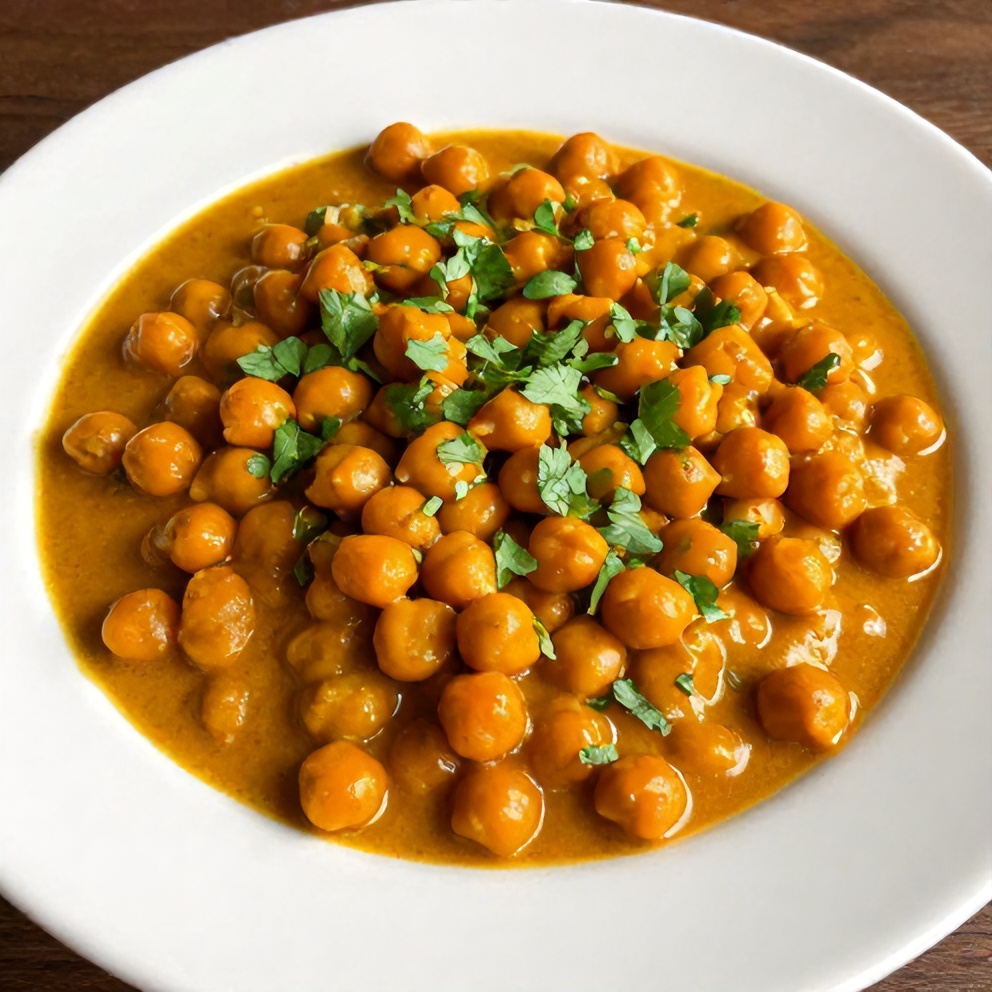 Easy Sweet Potato Chickpea Curry plated on a white dish, with a side of naan bread, and a sprinkle of fresh cilantro, captured in a close crop with warm side lighting.
