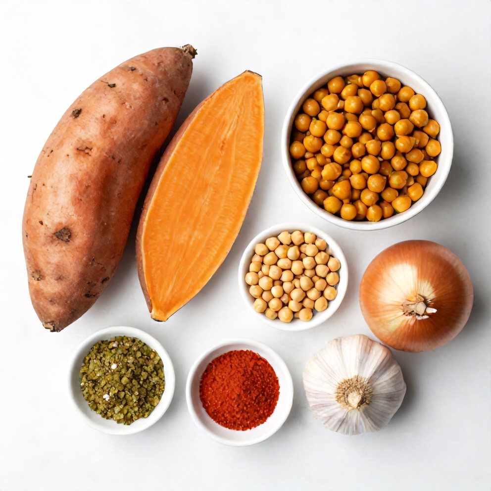 Overhead flat lay of raw ingredients for Easy Sweet Potato Chickpea Curry, including sweet potatoes, chickpeas, onions, garlic, and spices, arranged on a white marble surface with bright even light.