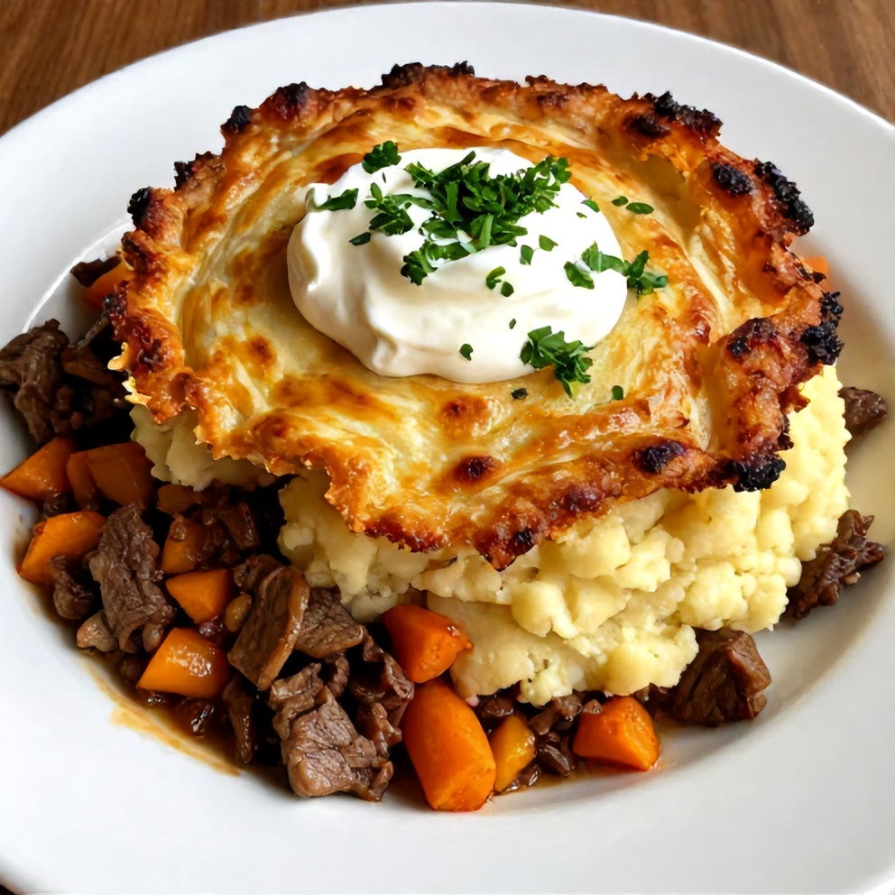 Easy Sweet Potato Shepherd's Pie with a dollop of sour cream and chopped parsley