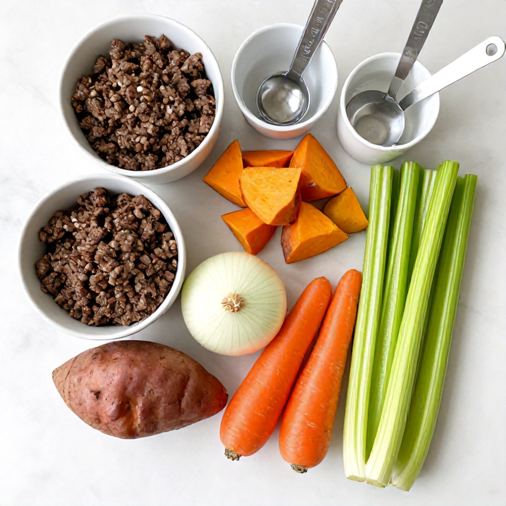 Raw ingredients for Easy Sweet Potato Shepherd's Pie on a marble surface