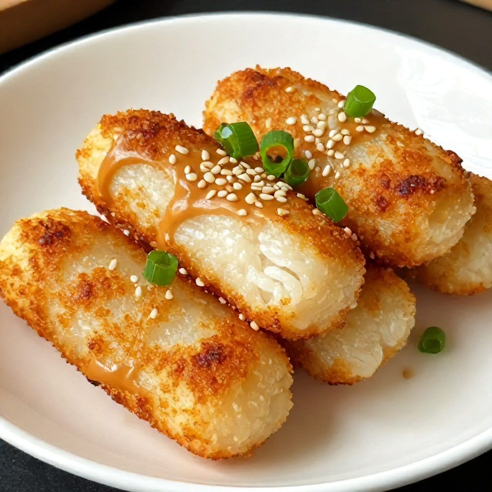 Plated Sweet Soy Butter Korean Rice Cakes with green onions and sesame seeds