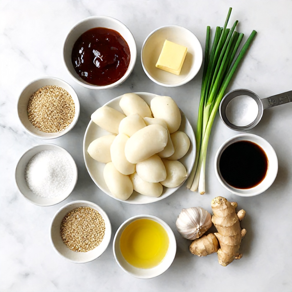 Raw ingredients for Sweet Soy Butter Korean Rice Cakes on a marble surface