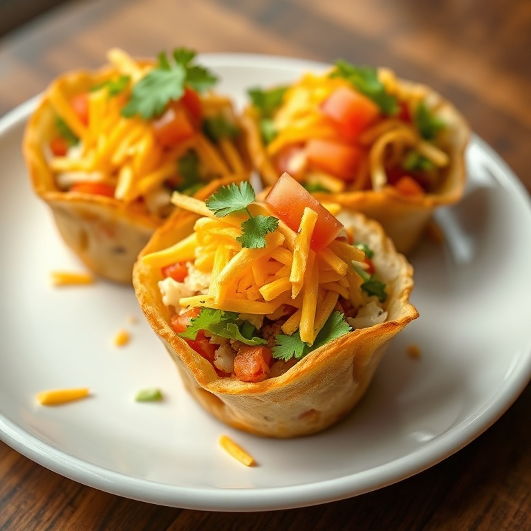Perfectly plated taco cups with shredded cheese, lettuce, and tomato on a white plate