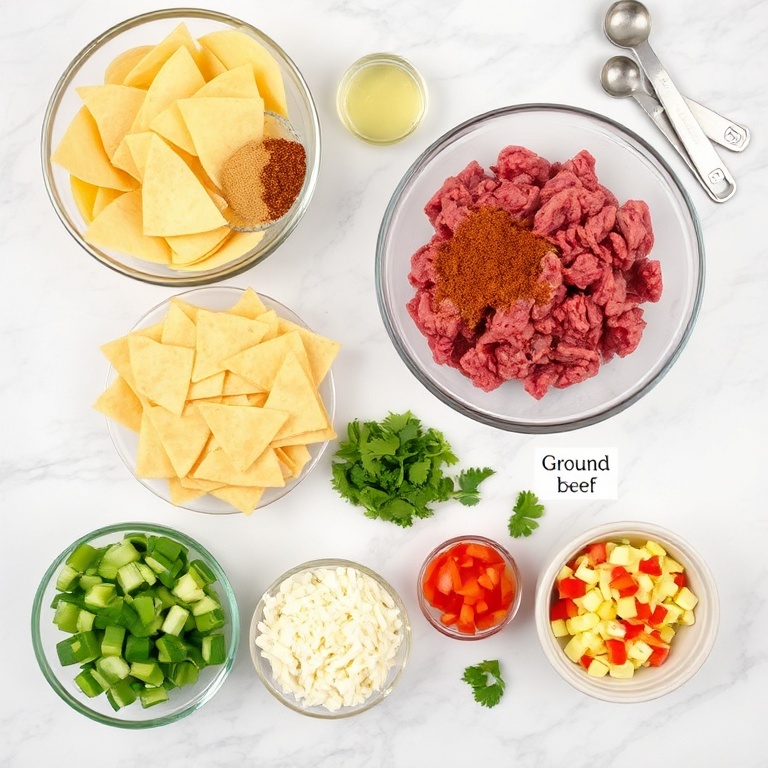 Ground beef, taco seasoning, tortilla shells, shredded cheese, lettuce, and tomatoes arranged on a marble surface