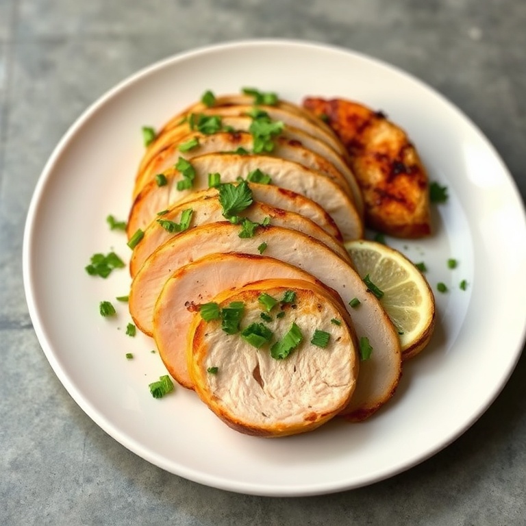 One serving of sliced Key West grilled chicken topped with fresh parsley on a white dinner plate, juicy and with charred edges