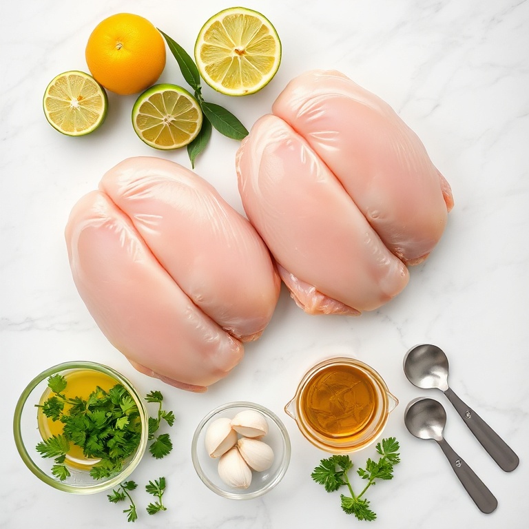 Limes, chicken breasts, garlic, honey, and fresh parsley arranged overhead with prep bowls on a white marble surface