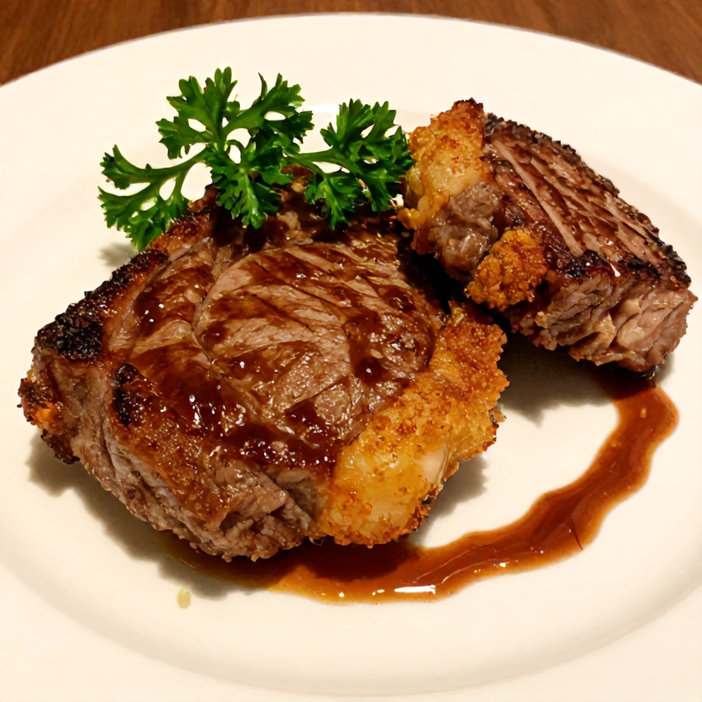 Crispy, juicy steak with golden edges. Perfectly plated with fresh herbs and a drizzle of sauce.