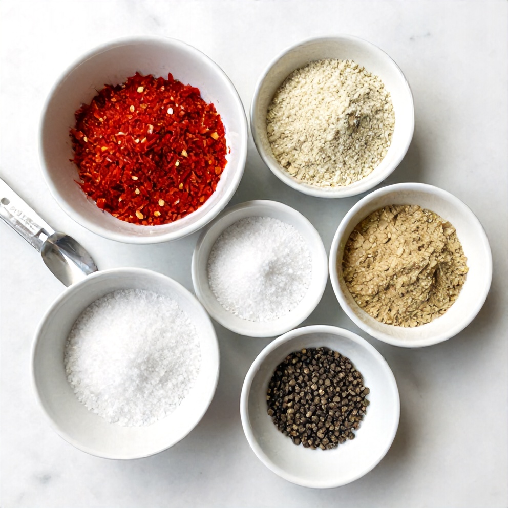 Raw ingredients for steak seasoning arranged in an overhead flat lay. Measuring spoons, bowls, and visible spices.