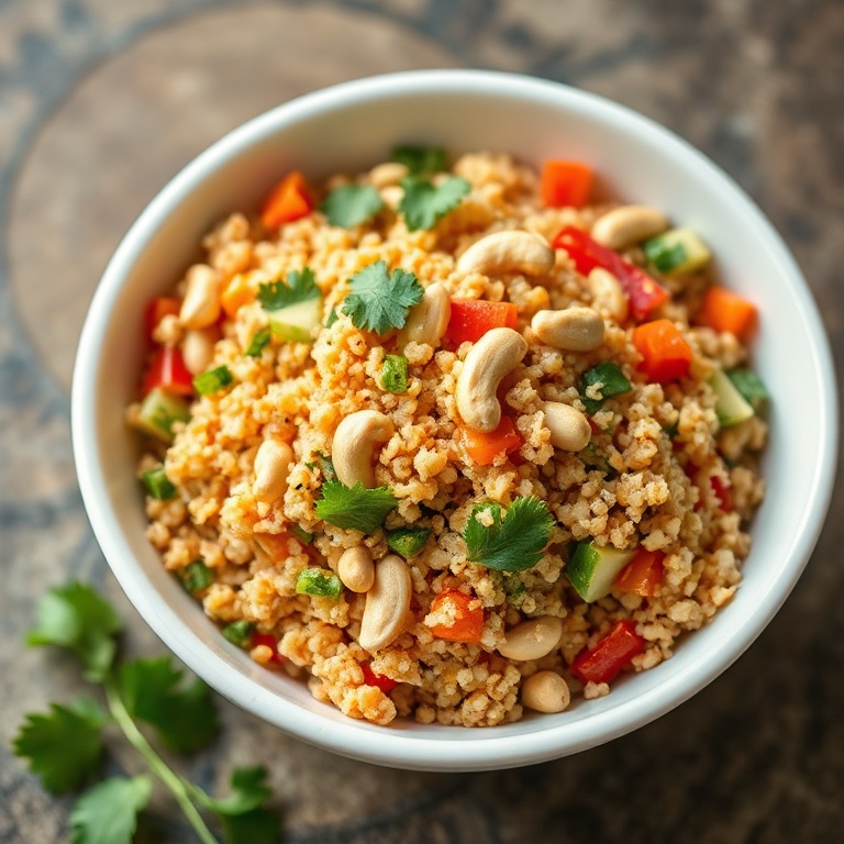 One serving of Thai quinoa salad in a shallow white bowl topped with chopped peanuts and cilantro, close-up with visible crispy textures.