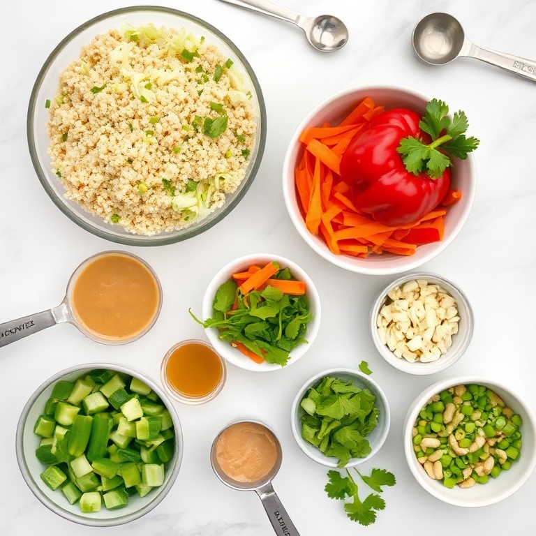 Overhead shot of all raw ingredients for easy Thai quinoa salad recipe, with cooked quinoa, red bell pepper, shredded carrots, chopped cabbage, and cilantro as the five most prominent ingredients.