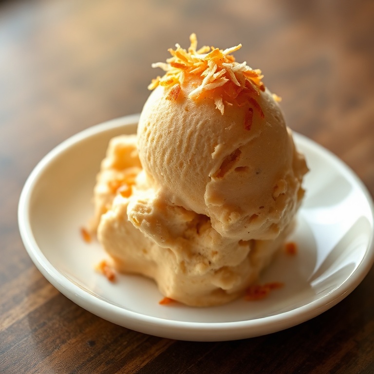 A single scoop of Thai tea ice cream with toasted coconut, golden and rich on a white ceramic dish.