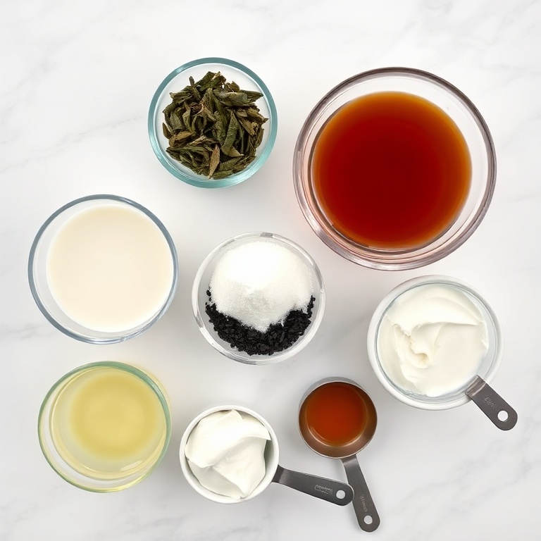 Raw ingredients for Thai tea ice cream including milk, tea leaves, sugar, coconut, and cream arranged in a flat lay.