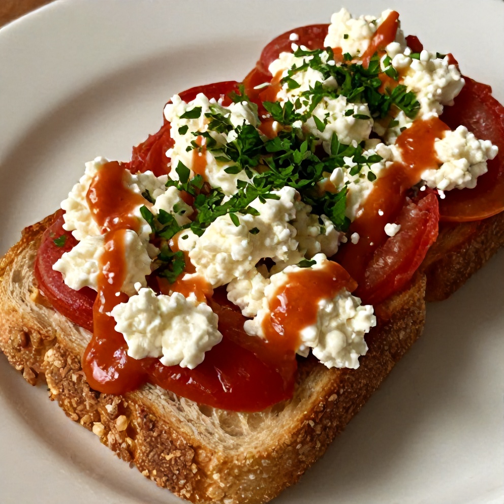 Plated Tomato Cottage Cheese Toast with a sprinkle of fresh parsley
