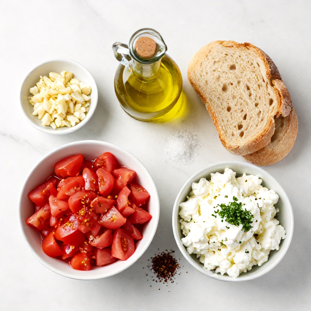 Raw ingredients for Tomato Cottage Cheese Toast arranged on a marble surface