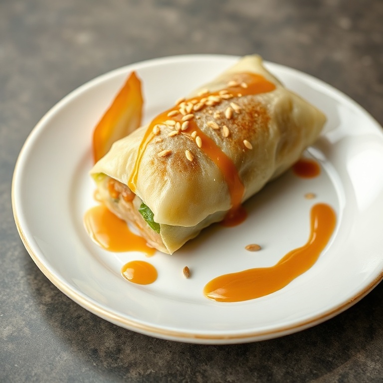 A single vegan cabbage roll plated on a white ceramic dish, garnished with sesame seeds and a drizzle of ginger sesame sauce.