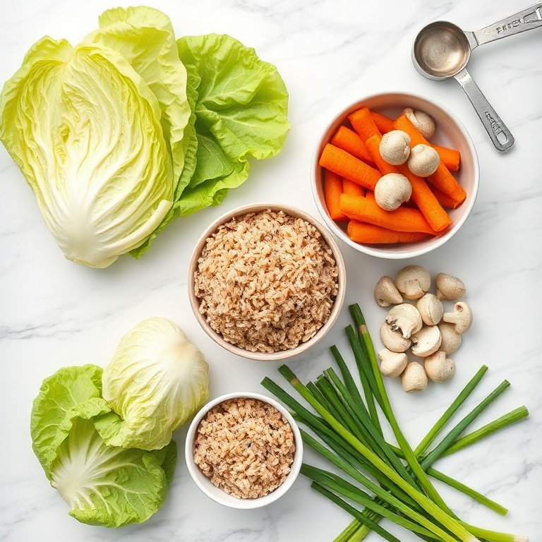 Raw cabbage leaves, brown rice, carrots, mushrooms, green onions, and ginger arranged in an overhead flat lay on a white marble surface with measuring cups and spoons.