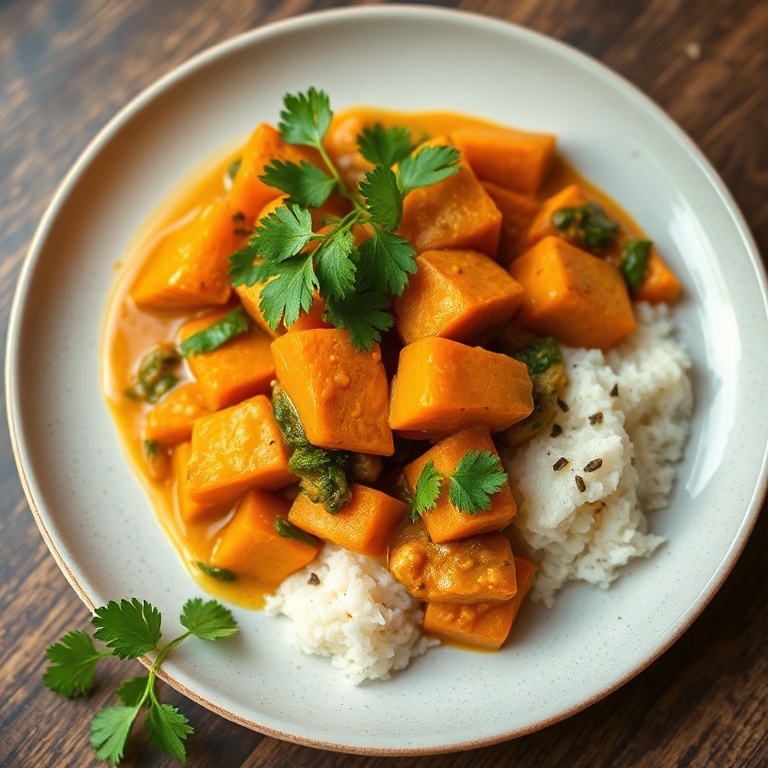 A plate of vegan coconut curry with sweet potatoes and veggies. Topped with fresh cilantro. Warm side lighting highlights the texture.