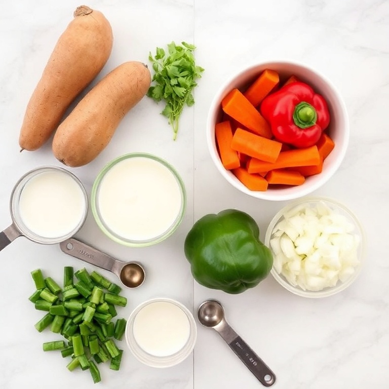 Raw ingredients for vegan coconut curry: sweet potatoes, carrots, bell peppers, coconut milk, and onions. Measuring spoons and bowls on a white marble surface.