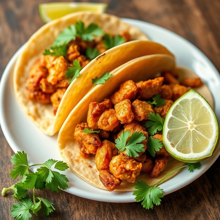 Crispy Vegan Jackfruit Tacos with cilantro and lime on a white plate