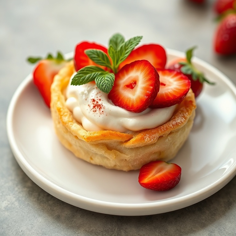One plated serving of easy vegan strawberry cream cheese danish, topped with sliced fresh strawberries, on a simple white plate with a sprig of mint. Close crop, texture visible.