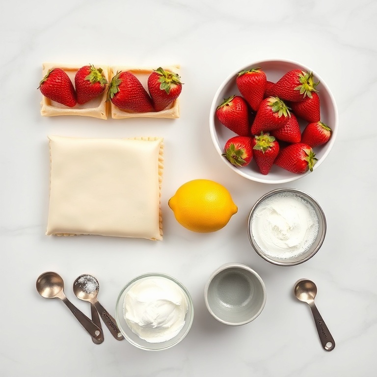 Overhead of raw ingredients for easy vegan strawberry cream cheese danish: fresh strawberries, vegan puff pastry sheets, vegan cream cheese, sugar, and lemon. Prep bowls and spoons visible.