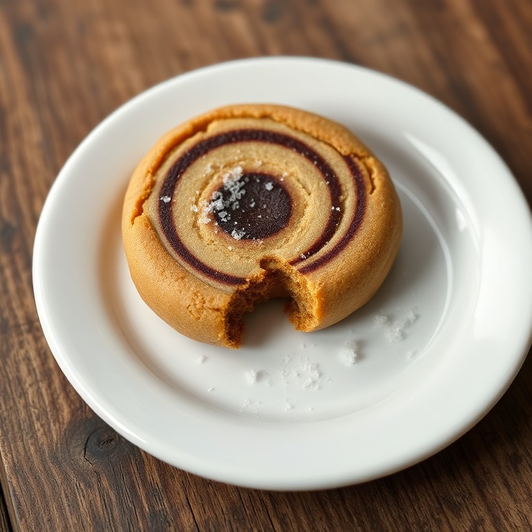 One golden Vietnamese coffee marble cookie on a small white plate, dusted with a light sugar garnish, surrounded by cookie crumbs with melty marbled texture.