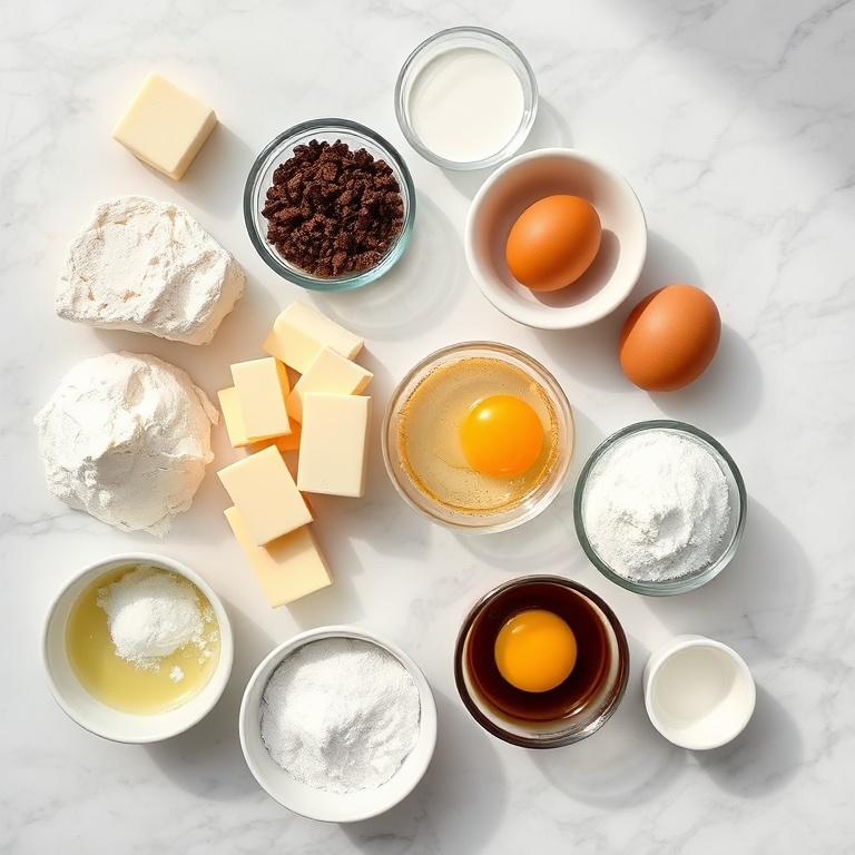 Overhead flat lay showing flour, butter, instant Vietnamese coffee, sugar, eggs, and vanilla for Vietnamese coffee marble cookies, with prep bowls and measuring spoons.